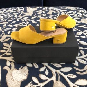 Yosi Samra asymmetrical slides in marigold suede